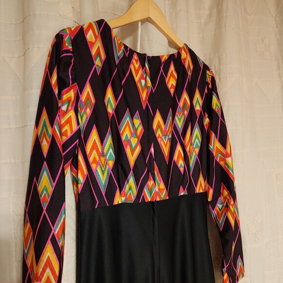 🌈 VTG 70s Geometric Maxi Gown Black Pink Orange Disco 🕺 - Picture 6 of 7